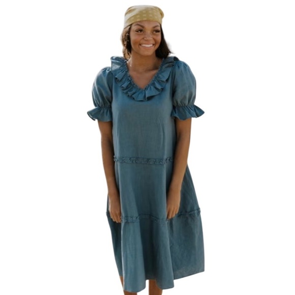 ROOLEE x Lauren Virginia Linen Cottagecore Boho Ruffled Prairie Dress XXS NWT - Picture 1 of 9